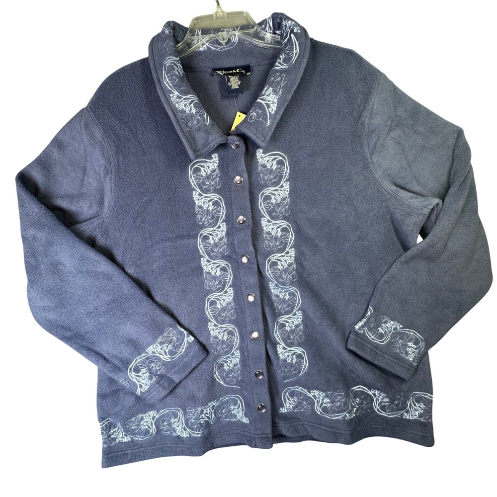 Denim & Co Fleece Embroidered Jacket Grandma Core Blue XL Coastal Cozy Cabin‎